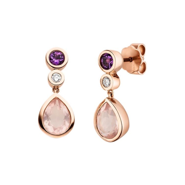 Ohrstecker mit 2 Brillanten zus. 0,10ct. & 2 Amethyste & 2 Rosaquarze