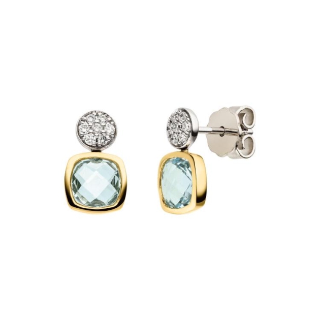 Ohrstecker mit 14 Brillanten zus. 0,13ct. & 2 Sky top Blautopase