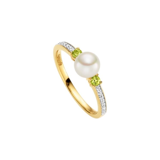 Ring mit 2 Peridot & 1 Süsswasserperle & 14 Zirkonia