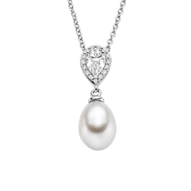 Anhänger mit Kette mit 1 Süsswasserperle & 16 Zirkonia