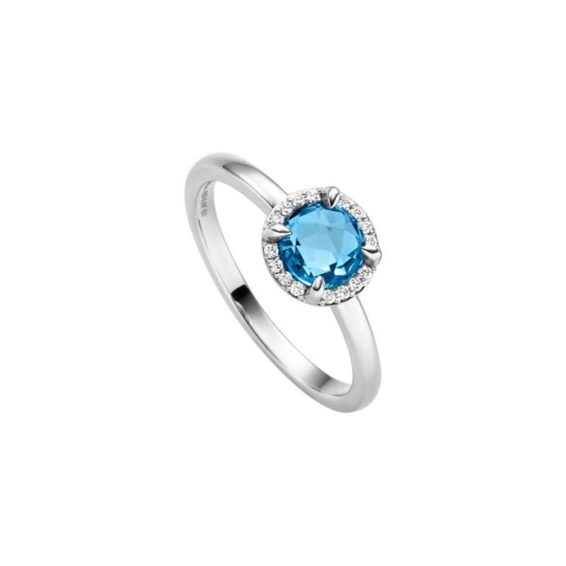 Ring mit 16 Brillanten zus. 0,07ct. & 1 Swiss Blautopas (beh.)